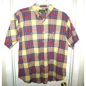 Bert Pulitzer Red Green Blue Yellow Plaid Button Front Short Sleeve Top Shirt L